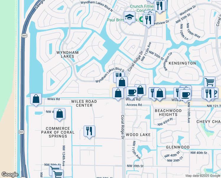 map of restaurants, bars, coffee shops, grocery stores, and more near 4674 Coral Ridge Drive in Coral Springs
