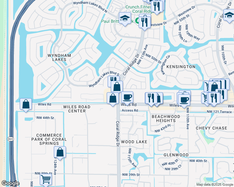 map of restaurants, bars, coffee shops, grocery stores, and more near 4674 Coral Ridge Drive in Coral Springs