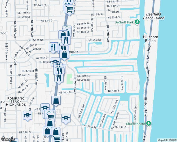map of restaurants, bars, coffee shops, grocery stores, and more near 2531 Northeast 47th Street in Lighthouse Point