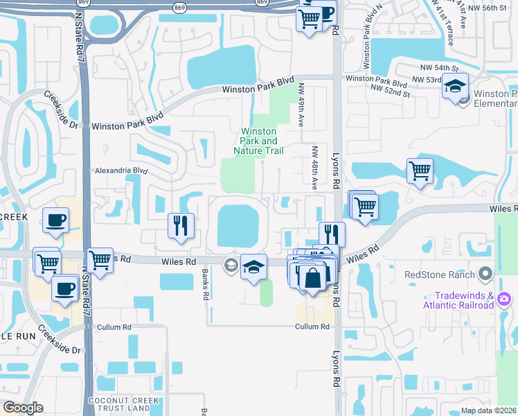 map of restaurants, bars, coffee shops, grocery stores, and more near 5041 Wiles Road in Coconut Creek