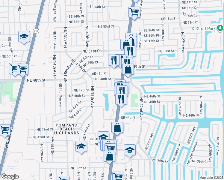map of restaurants, bars, coffee shops, grocery stores, and more near 1950 Northeast 47th Street in Pompano Beach