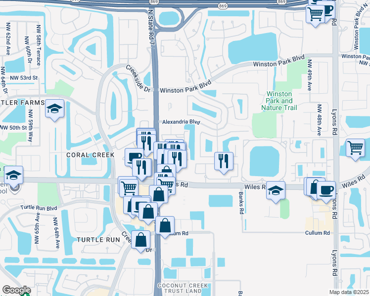 map of restaurants, bars, coffee shops, grocery stores, and more near 4839 Northwest 55th Drive in Coconut Creek