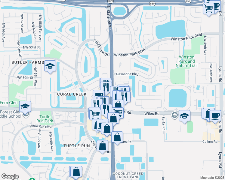 map of restaurants, bars, coffee shops, grocery stores, and more near 5762 Northwest 48th Drive in Coral Springs