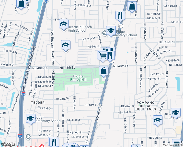 map of restaurants, bars, coffee shops, grocery stores, and more near Northeast 47th Court in Pompano Beach