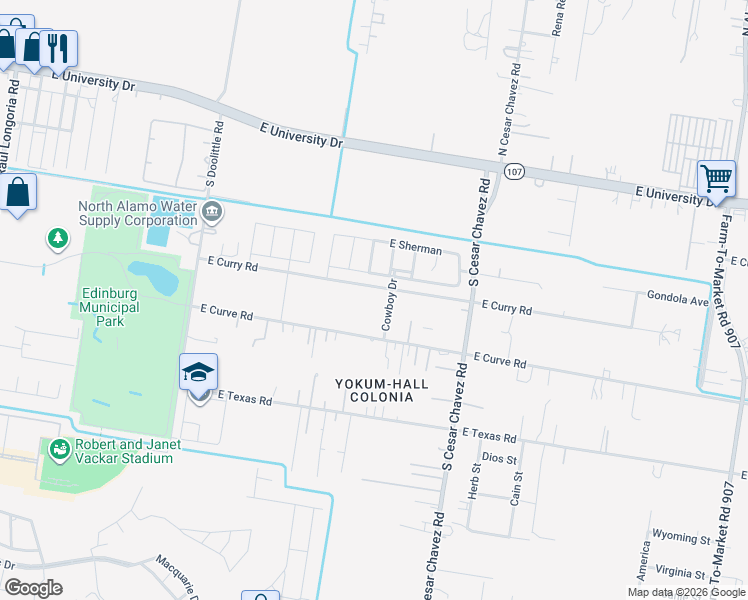 map of restaurants, bars, coffee shops, grocery stores, and more near 607 Cowboy Drive in Edinburg
