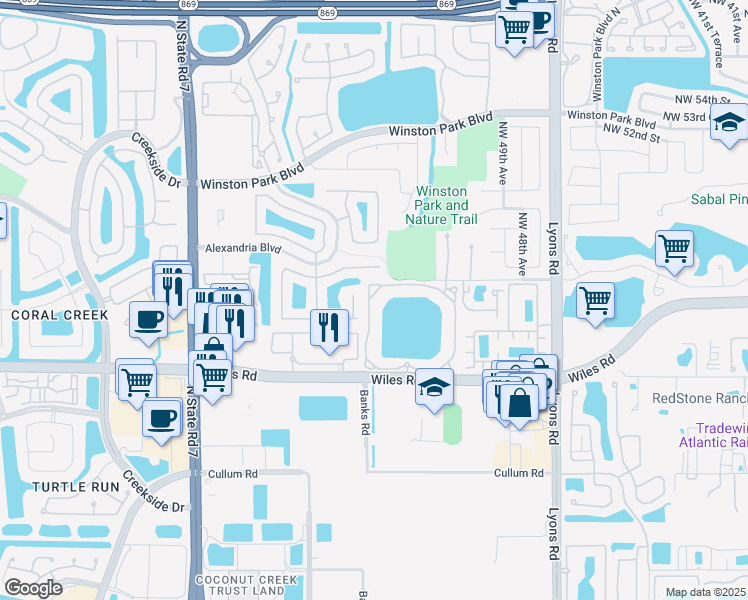 map of restaurants, bars, coffee shops, grocery stores, and more near 5011 Wiles Road in Coconut Creek