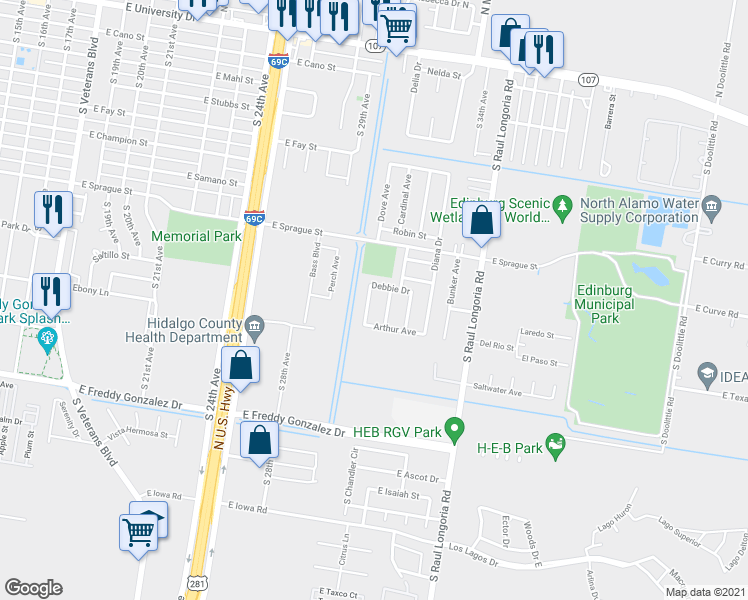 map of restaurants, bars, coffee shops, grocery stores, and more near 920 Liz Rios Drive in Edinburg