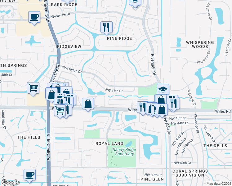 map of restaurants, bars, coffee shops, grocery stores, and more near 8584 Northwest 47th Drive in Coral Springs