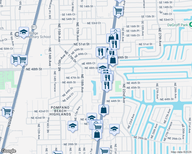 map of restaurants, bars, coffee shops, grocery stores, and more near 1950 Northeast 47th Street in Pompano Beach