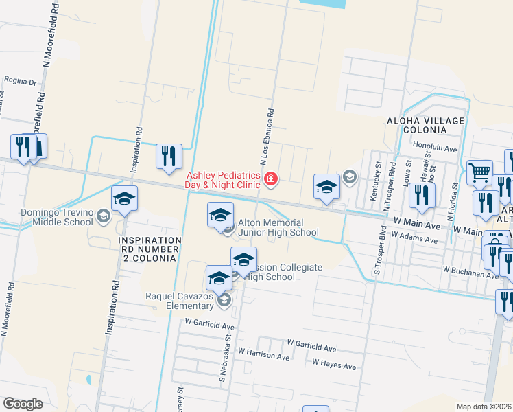 map of restaurants, bars, coffee shops, grocery stores, and more near 226 South Los Ebanos Boulevard in Alton
