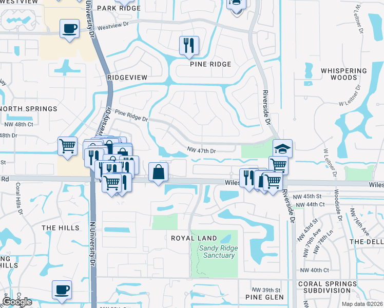 map of restaurants, bars, coffee shops, grocery stores, and more near 8644 Northwest 47th Drive in Coral Springs