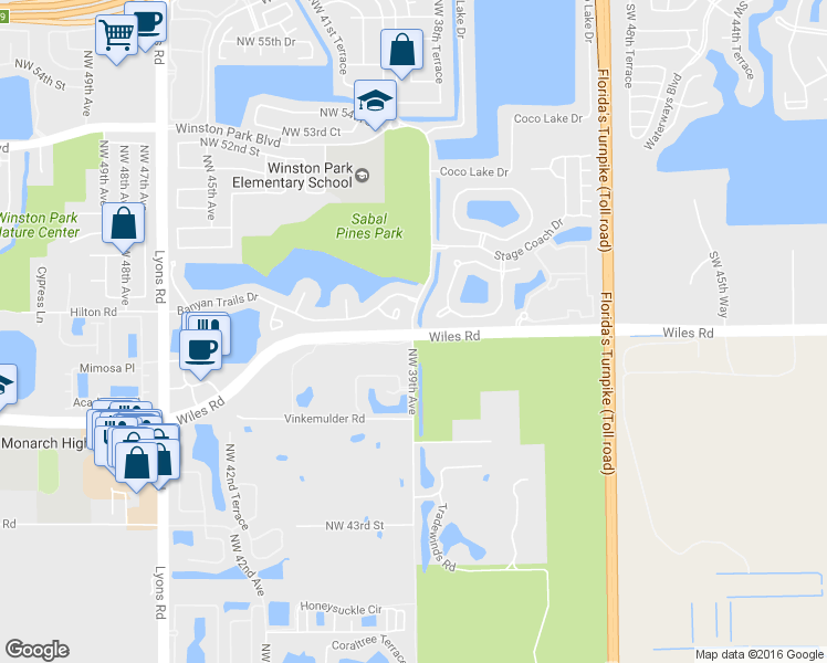 map of restaurants, bars, coffee shops, grocery stores, and more near 3899 Wiles Road in Coconut Creek