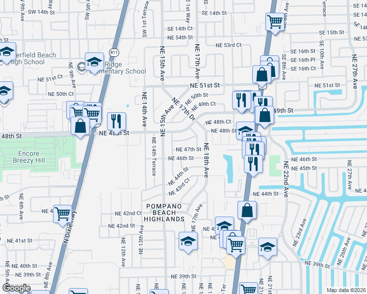 map of restaurants, bars, coffee shops, grocery stores, and more near 1611 Northeast 47th Street in Pompano Beach