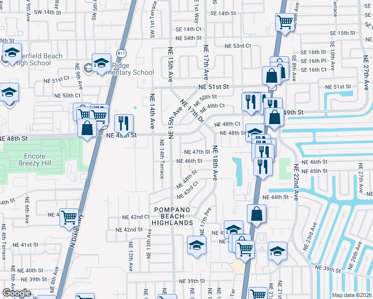 map of restaurants, bars, coffee shops, grocery stores, and more near 1611 Northeast 47th Street in Pompano Beach