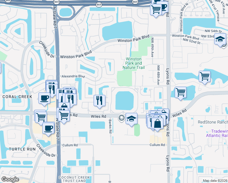 map of restaurants, bars, coffee shops, grocery stores, and more near 5011 Wiles Road in Coconut Creek