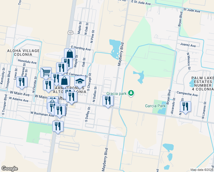 map of restaurants, bars, coffee shops, grocery stores, and more near 308 North Eagle Pass Street in Mission