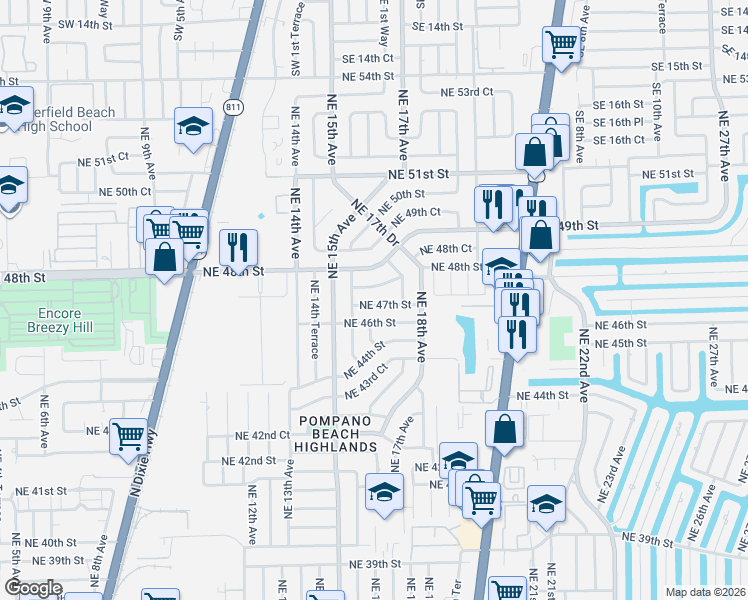 map of restaurants, bars, coffee shops, grocery stores, and more near 1611 Northeast 47th Street in Pompano Beach