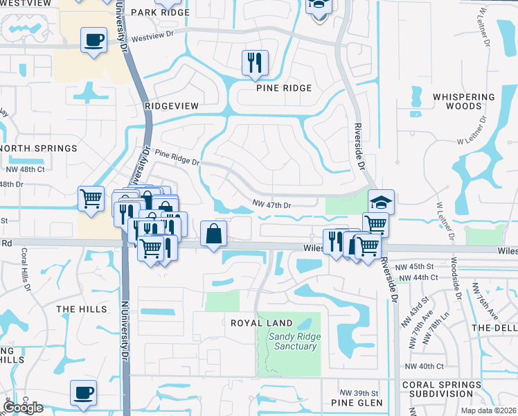 map of restaurants, bars, coffee shops, grocery stores, and more near 8644 Northwest 47th Drive in Coral Springs