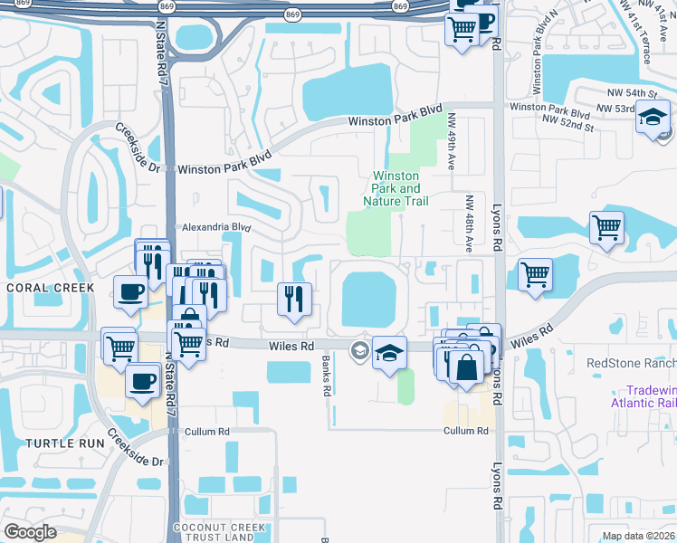 map of restaurants, bars, coffee shops, grocery stores, and more near 5011 Wiles Road in Coconut Creek