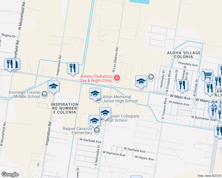 map of restaurants, bars, coffee shops, grocery stores, and more near 226 South Los Ebanos Boulevard in Alton
