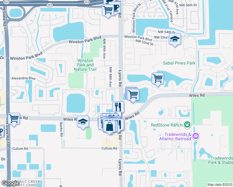 map of restaurants, bars, coffee shops, grocery stores, and more near 4758 Monarch Way in Coconut Creek