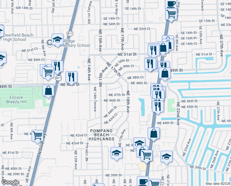 map of restaurants, bars, coffee shops, grocery stores, and more near 1611 Northeast 47th Street in Pompano Beach