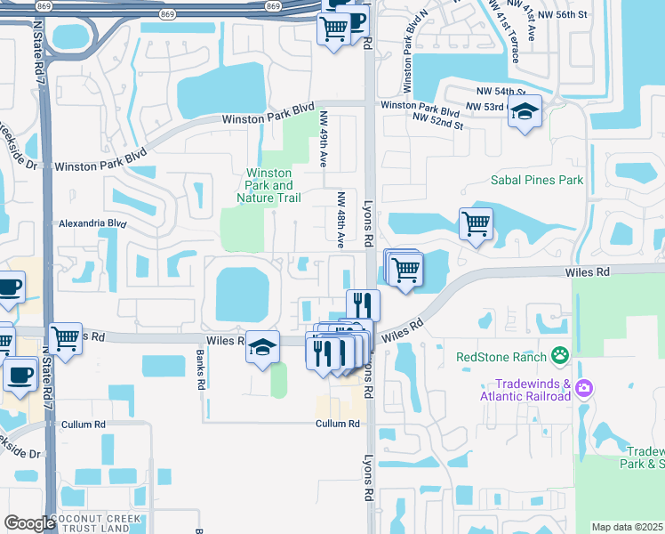 map of restaurants, bars, coffee shops, grocery stores, and more near 4770 Sierra Lane in Coconut Creek