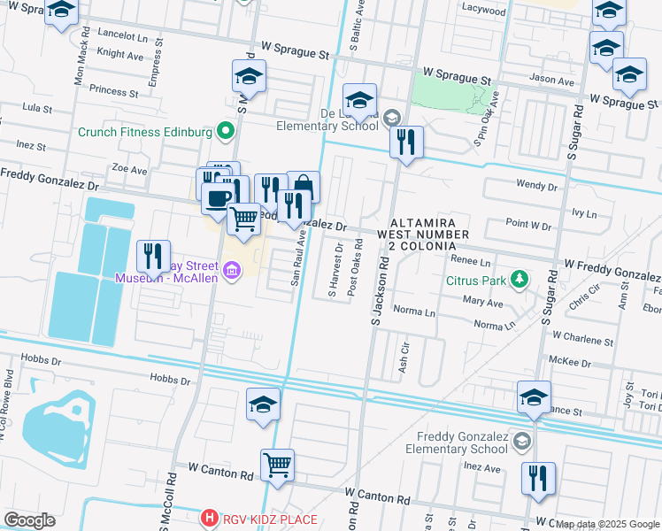 map of restaurants, bars, coffee shops, grocery stores, and more near 1719 South Harvest Drive in Edinburg