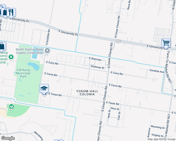 map of restaurants, bars, coffee shops, grocery stores, and more near 607 Cowboy Drive in Edinburg