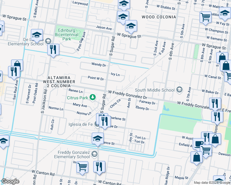 map of restaurants, bars, coffee shops, grocery stores, and more near 1501 West Freddy Gonzalez Drive in Edinburg