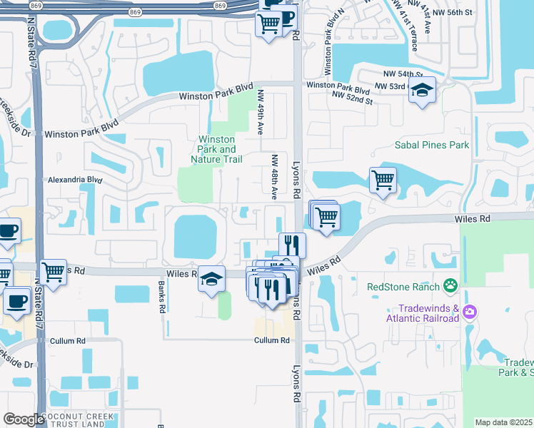 map of restaurants, bars, coffee shops, grocery stores, and more near 4770 Sierra Lane in Coconut Creek