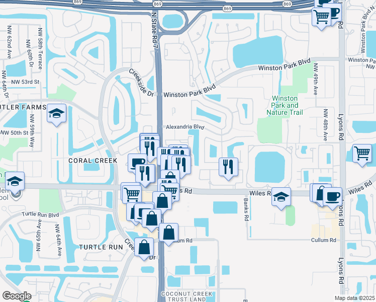 map of restaurants, bars, coffee shops, grocery stores, and more near 4839 Northwest 55th Drive in Coconut Creek