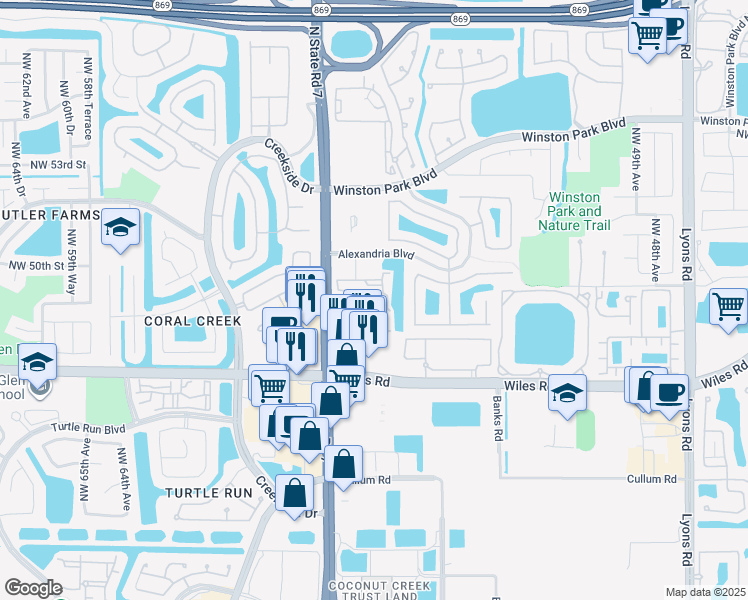 map of restaurants, bars, coffee shops, grocery stores, and more near 4804 Florida 7 in Coral Springs