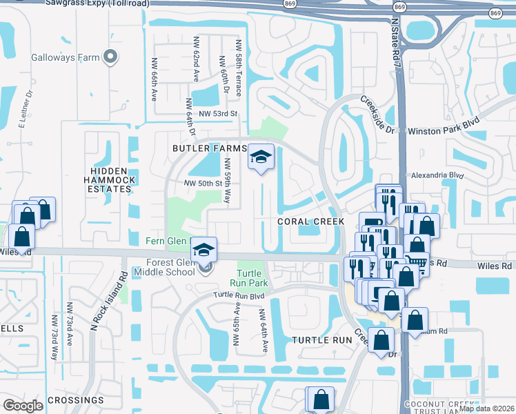 map of restaurants, bars, coffee shops, grocery stores, and more near 4829 Northwest 58th Avenue in Coral Springs