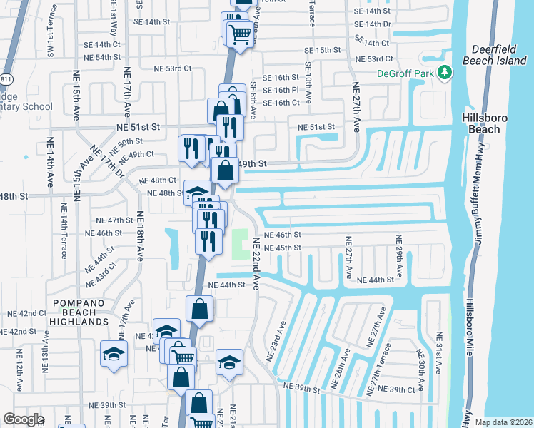 map of restaurants, bars, coffee shops, grocery stores, and more near 2311 Northeast 47th Street in Lighthouse Point