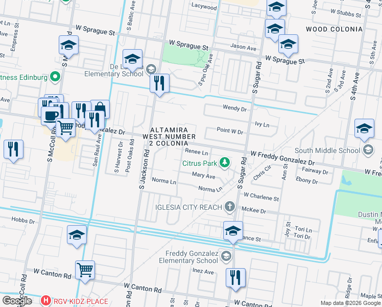 map of restaurants, bars, coffee shops, grocery stores, and more near 2010 Renee Lane in Edinburg