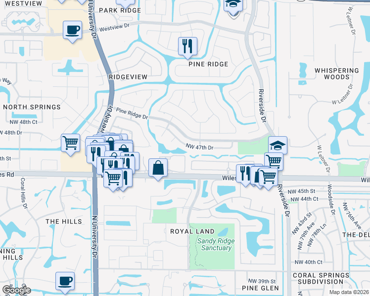 map of restaurants, bars, coffee shops, grocery stores, and more near 8688 Northwest 47th Drive in Coral Springs