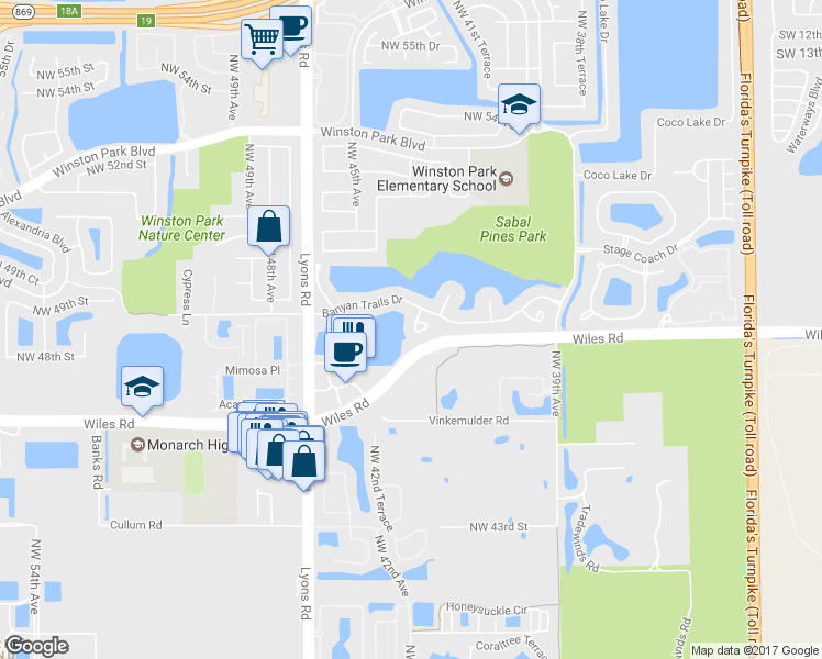 map of restaurants, bars, coffee shops, grocery stores, and more near 4601 Little Palm Lane in Coconut Creek