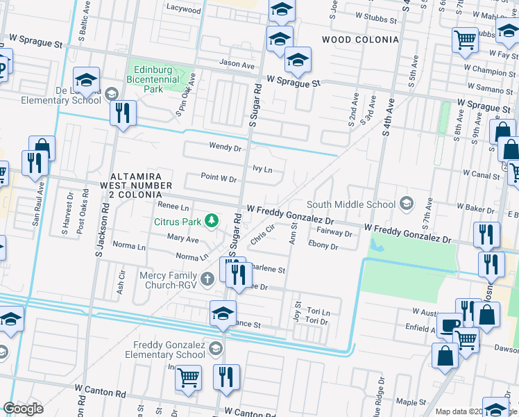 map of restaurants, bars, coffee shops, grocery stores, and more near 1501 West Freddy Gonzalez Drive in Edinburg