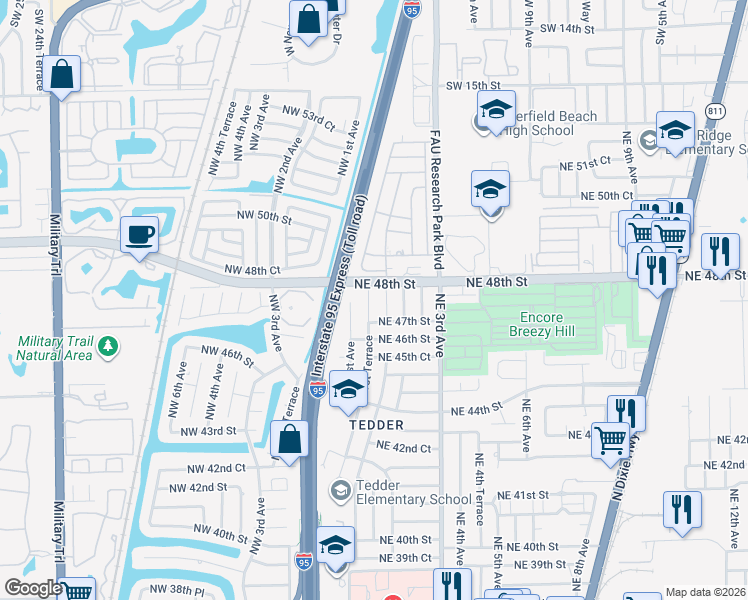 map of restaurants, bars, coffee shops, grocery stores, and more near 4730 Northeast 1st Terrace in Pompano Beach