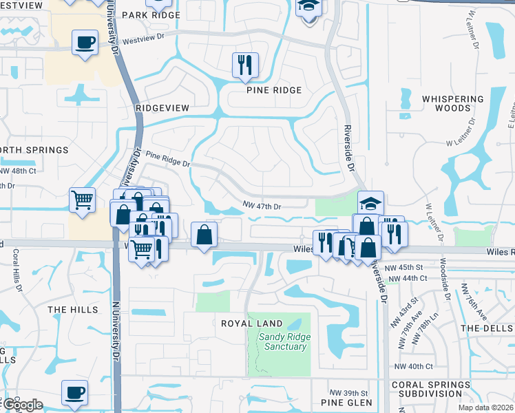 map of restaurants, bars, coffee shops, grocery stores, and more near 8584 Northwest 47th Drive in Coral Springs