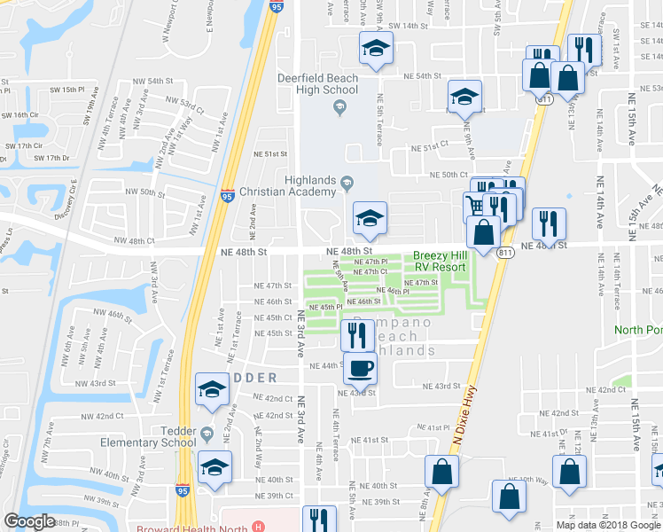 map of restaurants, bars, coffee shops, grocery stores, and more near 378 Northeast 47th Place in Pompano Beach