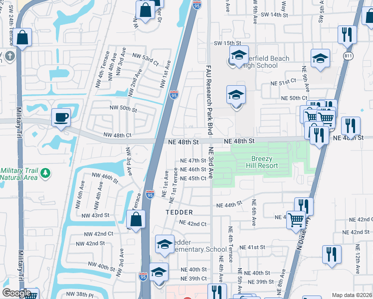 map of restaurants, bars, coffee shops, grocery stores, and more near 4730 Northeast 2nd Terrace in Pompano Beach