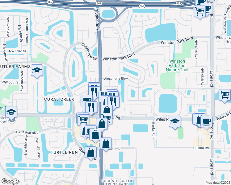 map of restaurants, bars, coffee shops, grocery stores, and more near 4804 Florida 7 in Coral Springs