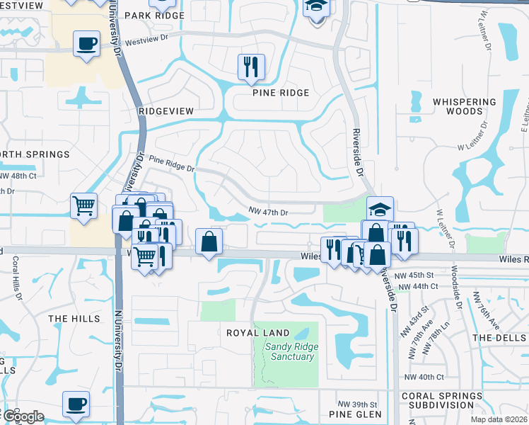 map of restaurants, bars, coffee shops, grocery stores, and more near 8584 Northwest 47th Drive in Coral Springs