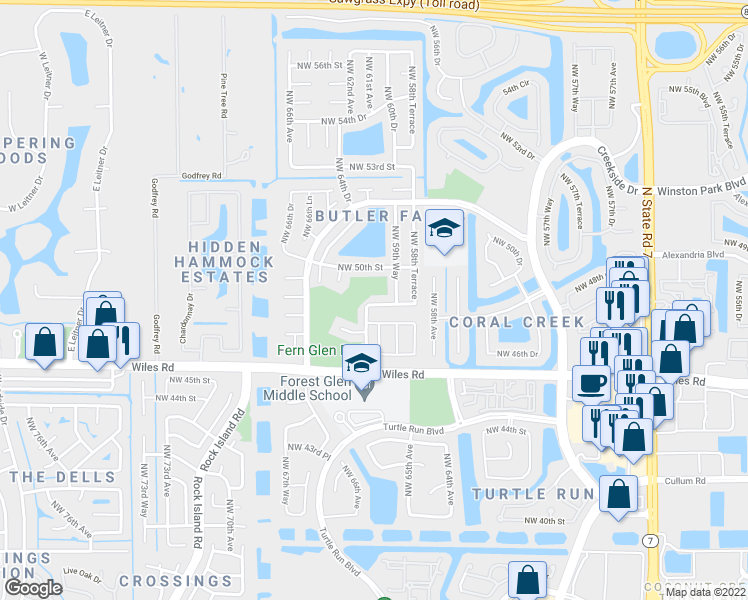map of restaurants, bars, coffee shops, grocery stores, and more near 6099 Northwest 48th Court in Coral Springs