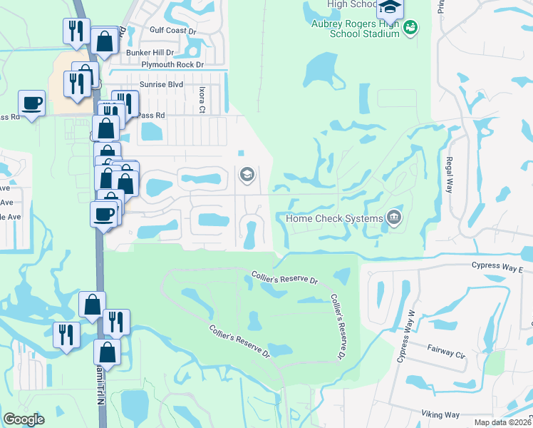 map of restaurants, bars, coffee shops, grocery stores, and more near 1333 Park Lake Drive in Naples