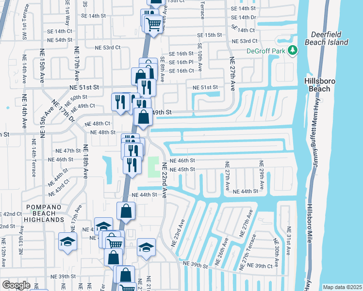 map of restaurants, bars, coffee shops, grocery stores, and more near 2341 Northeast 47th Street in Lighthouse Point