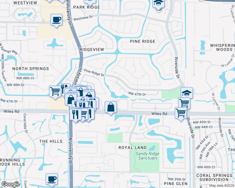 map of restaurants, bars, coffee shops, grocery stores, and more near 4727 Northwest 87th Lane in Coral Springs