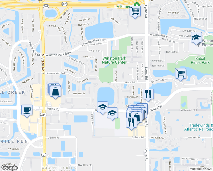 map of restaurants, bars, coffee shops, grocery stores, and more near 5031 Wiles Road in Coconut Creek